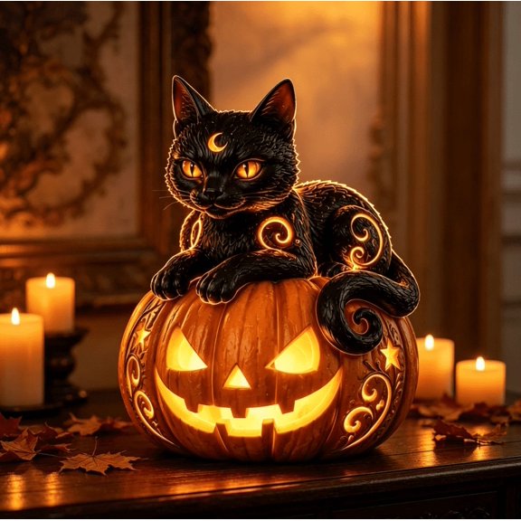 Enchanted Halloween Pumpkin LED Resin Figurine, Glowing Celestial Black Cat Statue, Decorative Resin Craft for Holiday Desktop & Shelf Display