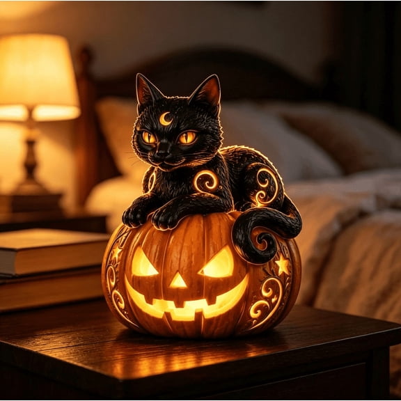 Enchanted Halloween Pumpkin LED Resin Figurine, Gothic Black Cat Lighted Statue, Rustic Tabletop Decoration for Creating Halloween Ambient Atmosphere