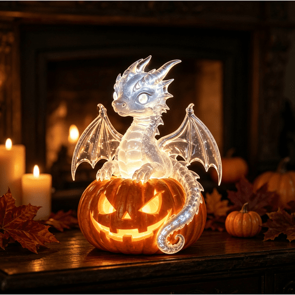 Enchanted Halloween Pumpkin LED Resin Figurine, Mystical Clear Dragon Night Lamp, Desktop Ornament for Halloween Party, Home Shelf and Farmhouse Decor