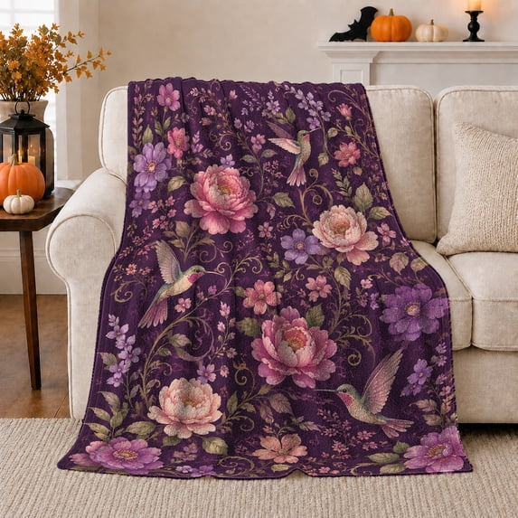 Enchanted Hummingbird Floral Garden, Festive Botanical Garden Scene, Warm Flannel Blanket for Sunroom and Reading Nook, Garden Lovers Thanksgiving Gift, Botanical Home Decor