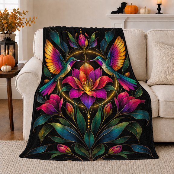 Enchanted Hummingbird Garden Artistry, Peaceful Bird Art Scene, Warm Flannel Blanket for Living Room and Reading Nook, Bird Lovers Friendship Gift, Artistic Home Decor