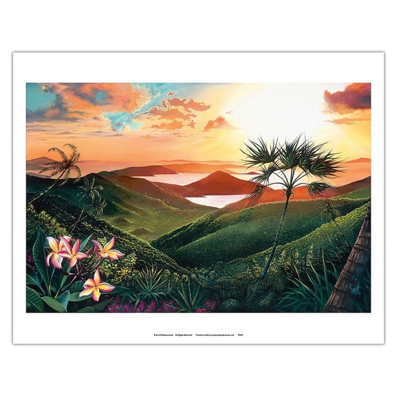 Enchanted Isle - Hawaiian Paradise Sunset View - From an Original Color Painting by Scott Westmoreland - Fine Art Matte Paper Print (Unframed) 11x14in