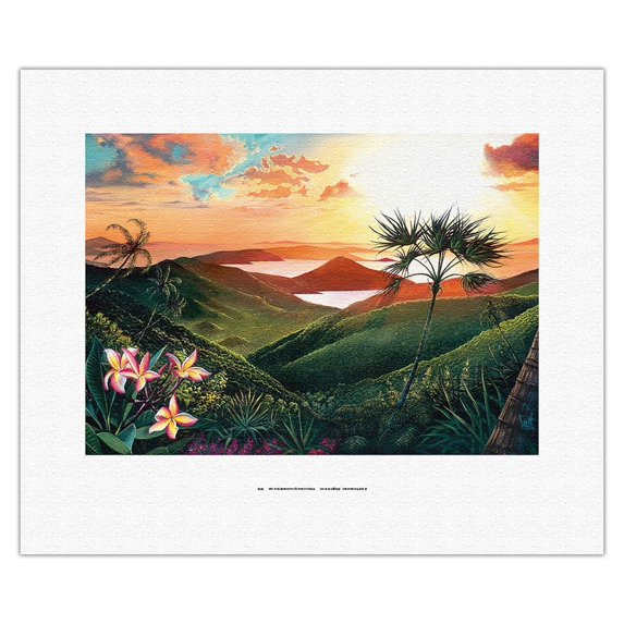 Enchanted Isle - Hawaiian Paradise Sunset View - From an Original Color Painting by Scott Westmoreland - Fine Art Rolled Canvas Print 11in x 14in