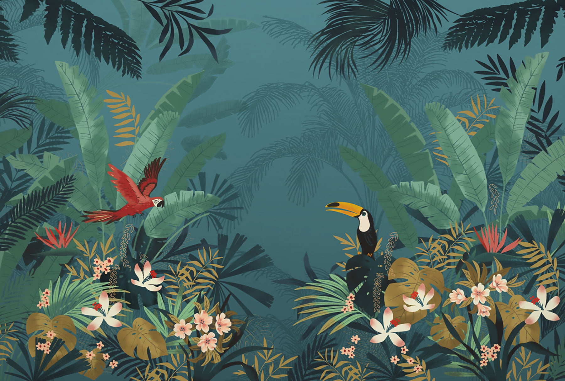 Large Blue Tropical Jungle Wall Mural with Parrots and Toucans