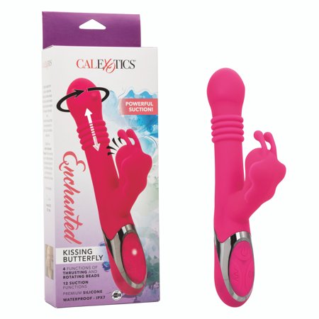 CalExotics Enchanted Kissing Butterfly Rechargeable Silicone Thrusting and Rotating Rabbit Vibrator with Clitoral Stimulator, Pink