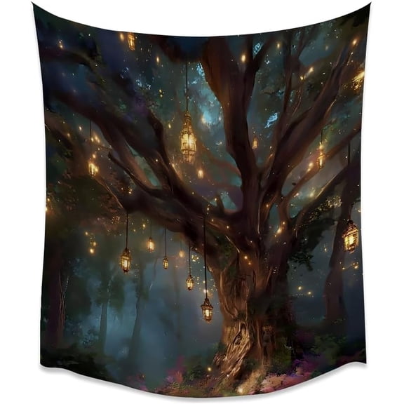 Enchanted Lantern Tree Tapestry Magical Fairy Lights Fantasy Forest Mystic Boho Aesthetic Tapestry Wall Hanging 30x40inch