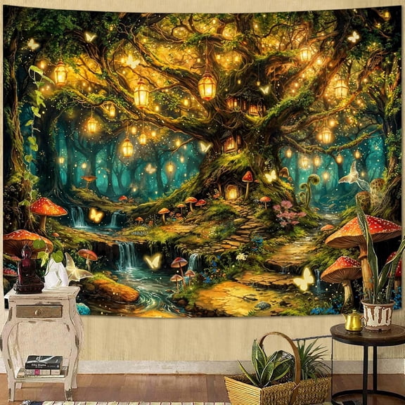 Enchanted Life Tree Forest Tapestry Luminous Fairy Tale Wall Hanging Dreamy Nature Home Decor 60L x 44W