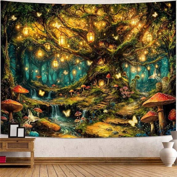 Enchanted Life Tree Forest Tapestry, Luminous Fairy Tale Wall Hanging for Room Decor, Dreamy Nature Home Decor 30L x 40W