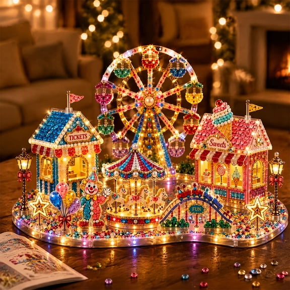 Enchanted Lighted Up Christmas Carnival 3D Gem Art DIY Kit, Lighted Up Joyful Funny Christmas Carnival Theme Pearl & Rhinestone Art Craft Kit for Adults, Xmas Decor for Shelf Mantel Home Gift