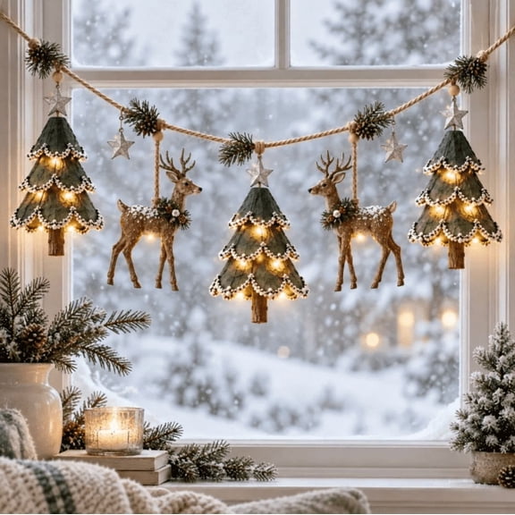 Enchanted Lighted Woodland Christmas Garland, Cozy Winter Forest Garland with Deer Trees Stars Rustic Accents and Warm Glow for Mantel Shelf Staircase Holiday Home Gift Decor