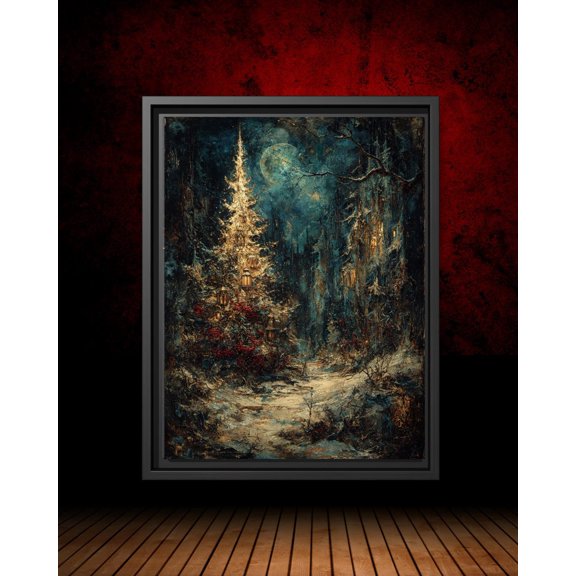 Enchanted Lit Tree In Snowy Forest Art Poster Winter Wall Decor Lantern Tree Style Dark Academiaartwork, Unframed Poster Size 12x18