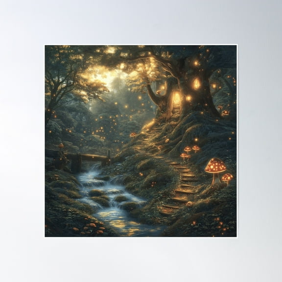 Enchanted Magical Fantasy Woods And Forest Landscape With Mushrooms And Streams Poster Wall Art, Modern Wall Decor, 16x16 UNFRAMED