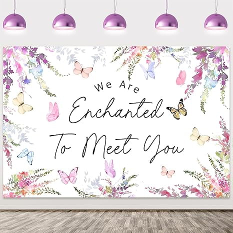We are Enchanted to Meet You Backdrop Purple Floral Butterfly Photography Background Baby Shower Party Decorations Banner Photo Booth for Baby Shower Gender Reveal Party Decor Supplies 5x3ft