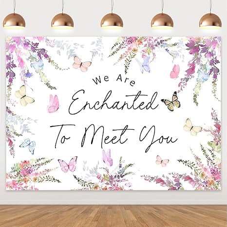 We are Enchanted to Meet You Backdrop Purple Floral Butterfly Photography Background Cloth Flower Baby Shower Decorations for Girls Baby Shower Gender Reveal Party Supplies Photo Booth Props 7 * 5ft