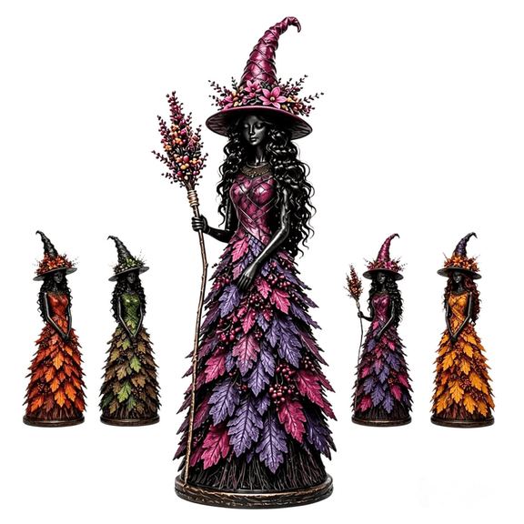 Enchanted Midnight Witch Figurine,12.2*4.3 Inch Hand-Painted Resin Fall Witch Figurine with Floral Witch Hat for Indoor Autumn and Halloween Tabletop Hobby Display