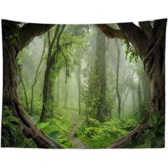 Enchanted Misty Forest Tapestry Backdrop Jungle Tree Cave Nature Scenic Tapestry Wall Hanging Forest Path Scenery Tapestries Psychedelic Tapestry for Bedroom Living Room Dorm Decor