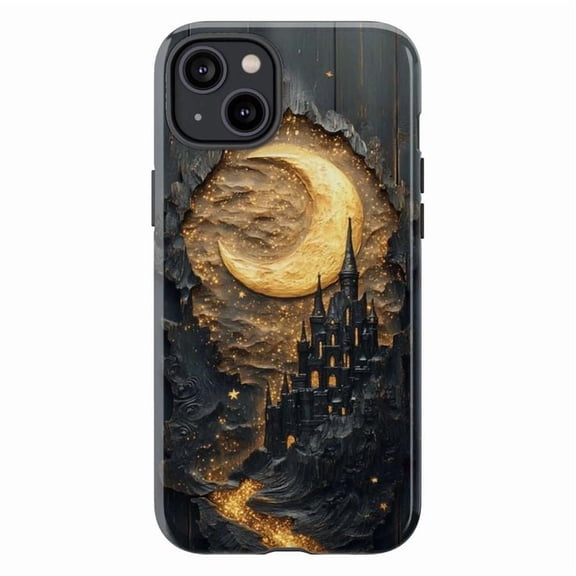 Enchanted Moon Castle Phone Case, Mystical Night Sky Illustration, Artistic Magical Fantasy Protective Cover for iPhone 16 15 14 13 12 11 Pro Plus Mini