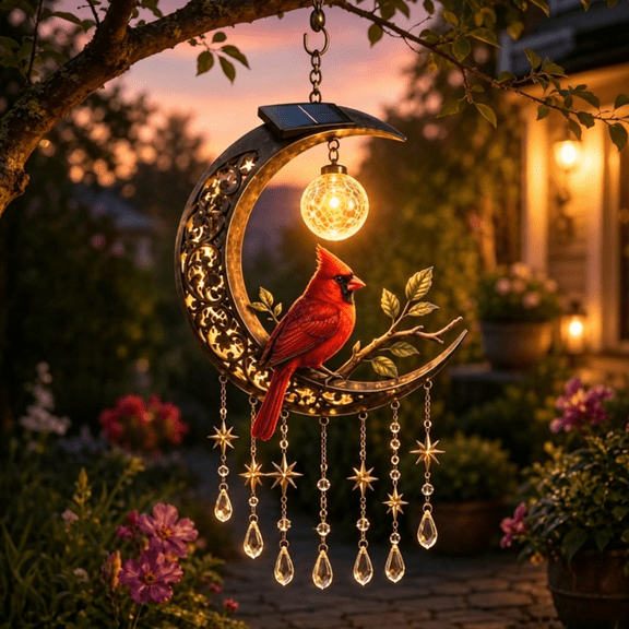 Enchanted Moon Solar Garden Lights, Vintage Metal Crescent Moon Hanging Solar Light with Crystal Wind Chime for Patio Porch Yard Outdoor Decor (Cardinal Moon)