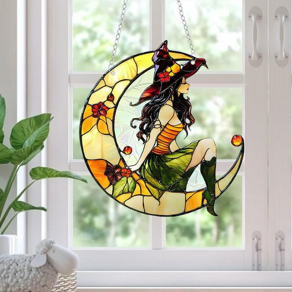 Enchanted Moon Witch Suncatcher Ornament, Glittering Acrylic Witch Window Sun Catcher, Gothic Bedroom Wall Accent Decoration