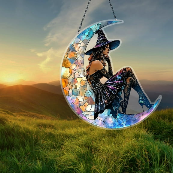 Enchanted Moon Witch Suncatcher Ornament, Vintage Acrylic Sun Catcher With Moon And Witch, Charming Moonlight Witch Acrylic Stained Glass Effect, Window Decoration Hanging Witch A 15cm