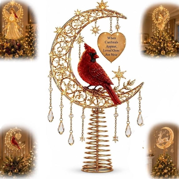 Enchanted Moonlight Tree Topper, Christmas Tree Topper Golden Crescent Glow, Dangling Snowflake Charm, Lighted Festive Ornament, Magical Holiday Centerpiece(Cardinal Heaven)