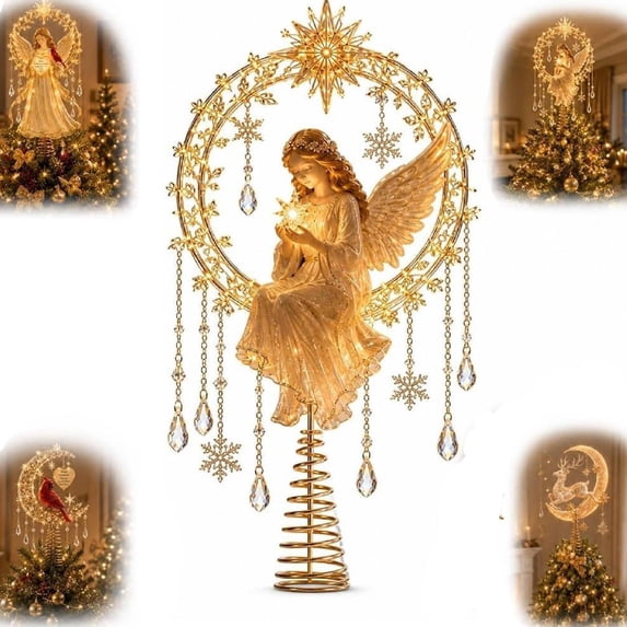 Enchanted Moonlight Tree Topper, Christmas Tree Topper Golden Crescent Glow, Dangling Snowflake Charm, Lighted Festive Ornament, Magical Holiday Centerpiece(Angel's Christmas Moon)