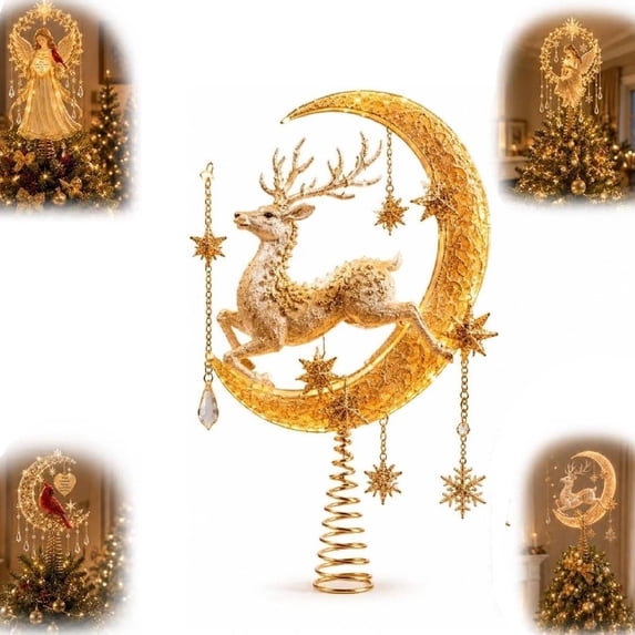 Enchanted Moonlight Tree Topper, Christmas Tree Topper Golden Crescent Glow, Dangling Snowflake Charm, Lighted Festive Ornament, Magical Holiday Centerpiece(Reindeer Moonlight)