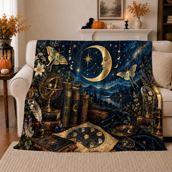 Enchanted Moonlit Astronomy Scene Vintage Books Crystals Luna, Peaceful Mountain Lake Scene, Warm Flannel Blanket for Cabin and Lodge, Outdoor Lovers Camping Gift, Rustic Home Decor