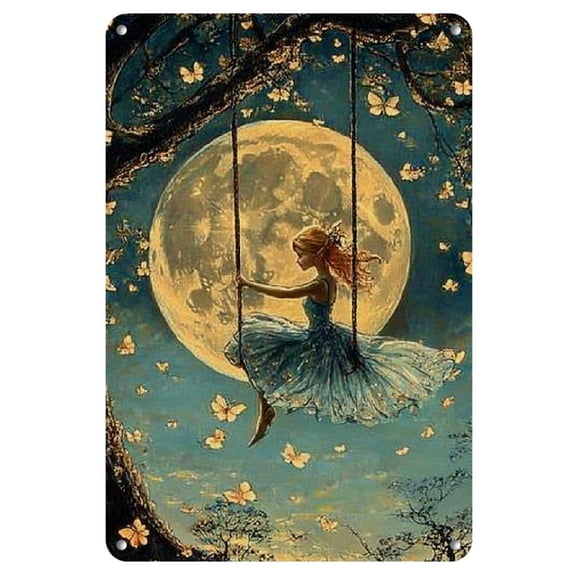 Enchanted Moonlit Forest with Fairy Metal Wall Art - 8x12 Inch Iron Sign, Vintage Style Starry Sky and Cherry Blossom Design for Home and Garden Decor, Fall Decor