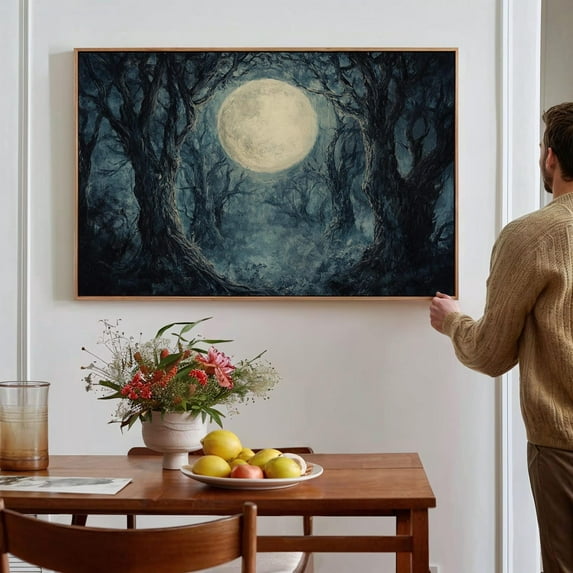 Enchanted Moonlit Forest Wall Art - Mystical Woodland Scene With Glowing Full Moon, Perfect For Dark Nature-Inspired Decor Wall Art, Modern Wall Decor, 16x24 UNFRAMED