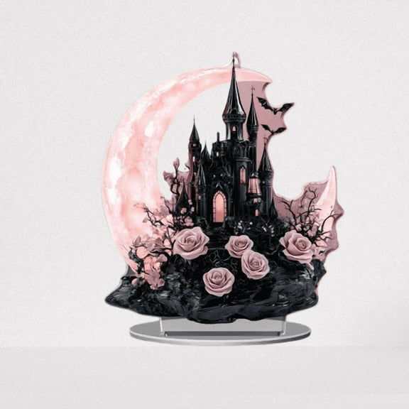Taicans Enchanted Moonlit Gothic Castle Figurine - Exquisite Acrylic Fall Decor with Pink Roses & Crescent Moon,Unique Halloween/Winter Home Decor,Romantic Living Room Centerpiece