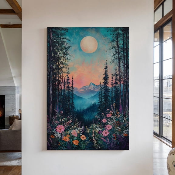 Enchanted Moonlit Mountain Print – Vibrant Floral Forest Scene, Mystical Night Landscape, Nature Wall Art, Dreamy Wilderness Decor Wall Art, Modern Wall Decor, 12x18 UNFRAMED