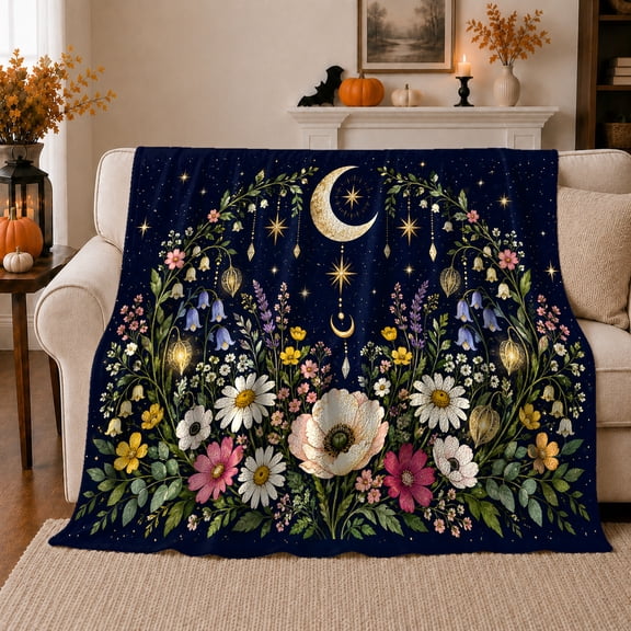 Enchanted Moonlit Wildflower Garden, Mystical Celestial Art Scene, Warm Flannel Blanket for Sunroom and Reading Nook, Celestial Art Lovers Housewarming Gift, Celestial Home Decor