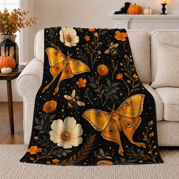 Enchanted Moth Poppy Garden autumn celebration, Festive autumn celebration Scene, Warm Flannel Blanket for Living Room and Family Room, Art Lovers autumn celebration Gift, Festive Home Decor