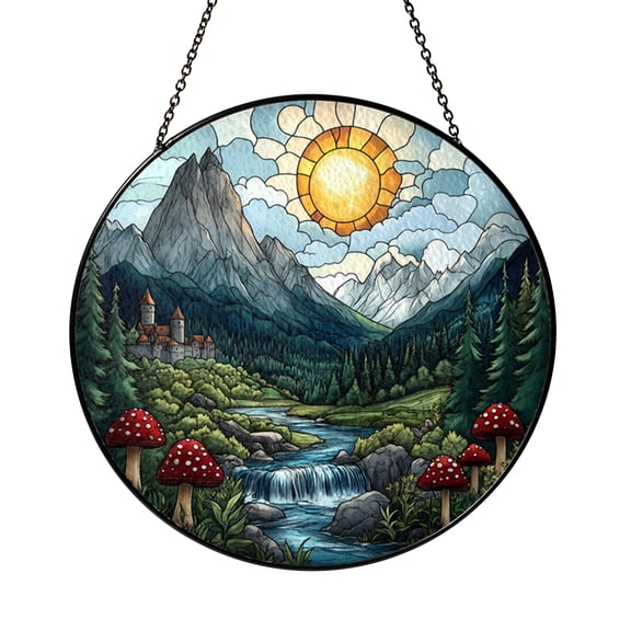 Enchanted Mushroom Castle Stained Glass-Style Suncatcher, Real Glass Window Hanging for Fantasy Window Art and Woodland Theme Home Decor