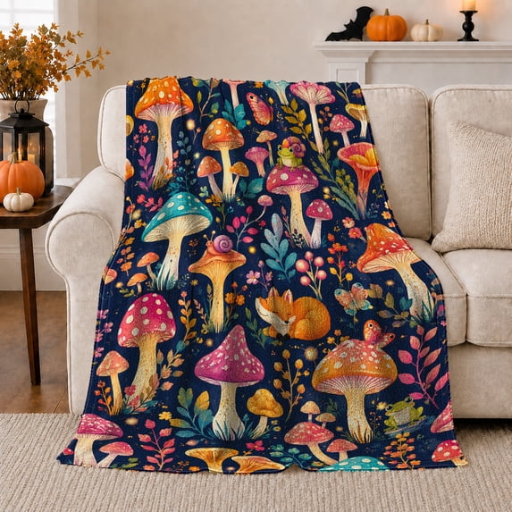 Enchanted Mushroom Forest Friends, Mystical Woodland Scene, Warm Flannel Blanket for Living Room and Reading Nook, Wildlife Lovers Friendship Gift, Fantasy Home Decor