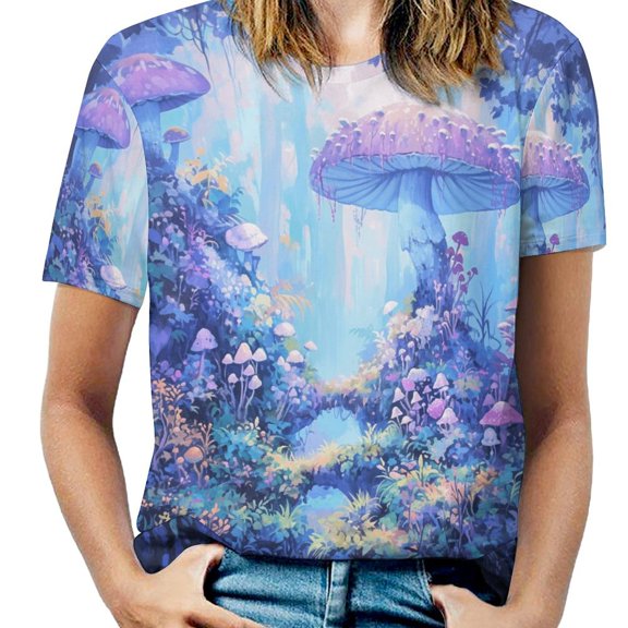 Enchanted Mushroom Forest Womens Tops Women's Fashion Casual Short Sleeve Flower Print Round Neck Pullover Top Blouse