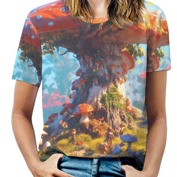 Enchanted Mushroom Forest Womens Tops Women's Fashion Casual Short Sleeve Flower Print Round Neck Pullover Top Blouse