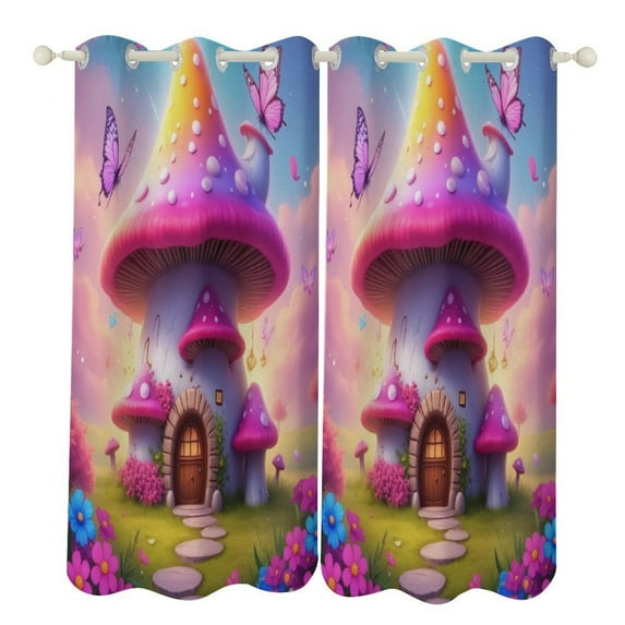Enchanted Mushroom House 2 Panels Blackout Curtains for Bedroom Living Room Drapes Kitchen Room Window Blackout Curtain Grommet