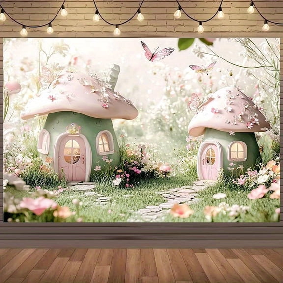 Enchanted Mushroom House Backdrop Magical Fairy Tale Forest Background Pink Green Mushrooms Birthday Wedding Christmas Party Decorations Banner