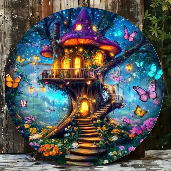 Enchanted Mushroom Treehouse Wall Art, Fantasy Forest Round Plaque For Bedroom Decor, 1pc, 8" Aluminum Sign, Metal Signs, Wall Decor For Kitchen, Door, Office, Room, Home Decor, Ideal Gifts, 2D Flat