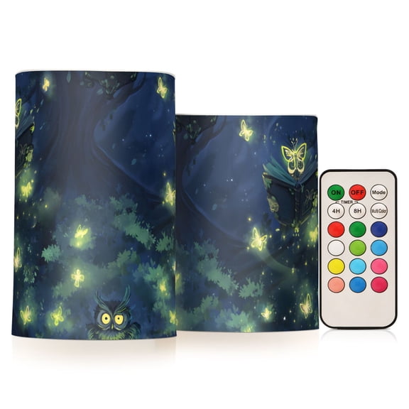 Enchanted Night Reader Flameless LED Candle Set with Remote, Battery Operated Color Changing Pillar Candles, Set of 2