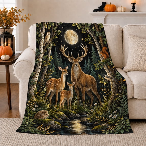Enchanted Nighttime Deer Family At Forest Stream Wildlife, Peaceful Mountain Lake Scene, Warm Flannel Blanket for Cabin and Lodge, Outdoor Lovers Camping Gift, Rustic Home Decor