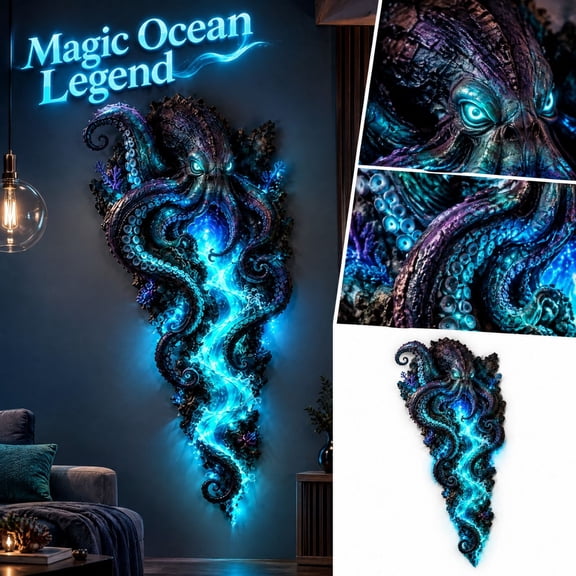Enchanted Ocean Legend LED Wall Decor, Lighted Octopus Coastal Hanging Ornament, Plastic Glowing Sea Creature Wall Art, Ocean Themed Wall Hanging for Home Bedroom Bathroom Decor