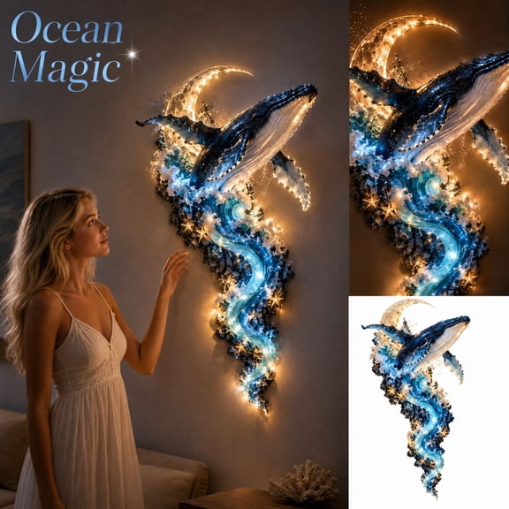 Enchanted Ocean Legend LED Wall Decor, Lighted Whale Moon Coastal Hanging Ornament, Plastic Glowing Sea Creature Wall Art, Ocean Themed Wall Hanging for Home Bedroom Bathroom Decor