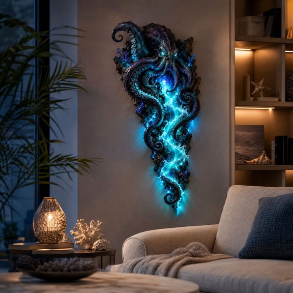 Enchanted Ocean Legends Illuminated Octopus Wall Art, Resin Led Glowing Wall Decor, Mythical Sea Octopus Wall Sconce, Unique Atmospheric Wall Ornament & Collectible Gift