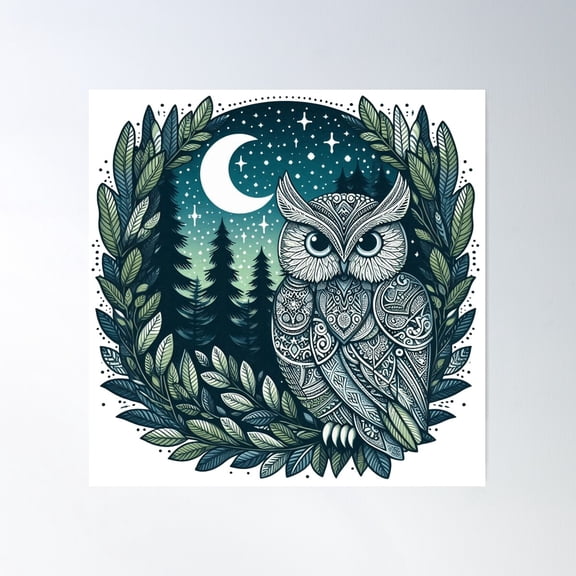Enchanted Owl In The Moon Forest - Mystical And Ornamental Art Poster Wall Art, Modern Wall Decor For Living Room Bedroom, 8x12 UNFRAMED