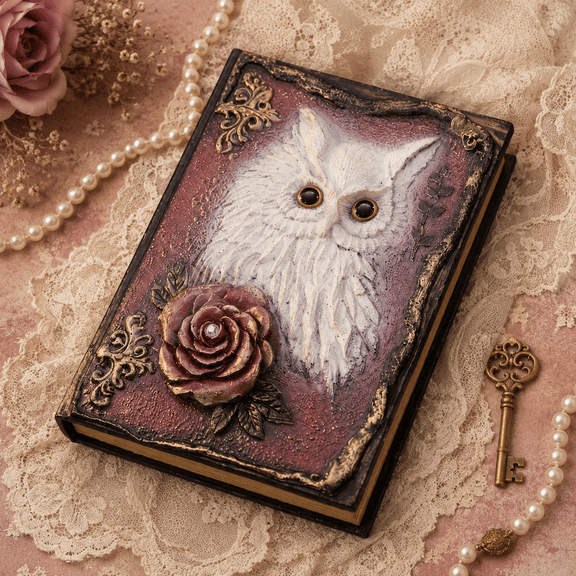 Enchanted Owl and Rose 3D Relief Journal Notebook, Antique-Inspired Writing Book for Notes, Sketching and Keepsakes