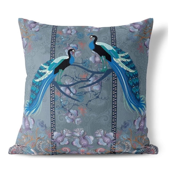 Enchanted Peacock Indoor/Outdoor Fabric Pillow in Blue 26x26