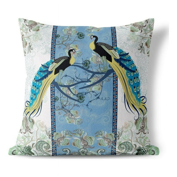 Enchanted Peacock Indoor/Outdoor Fabric Pillow in White 16x16